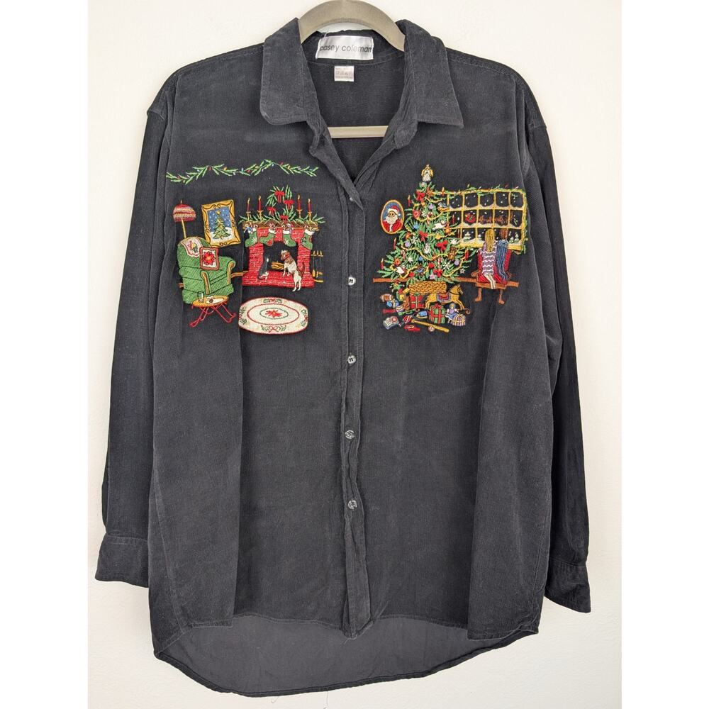 Casey Coleman Shirt Blouse Corduroy Christmas Santa Embroidered Black Size L
